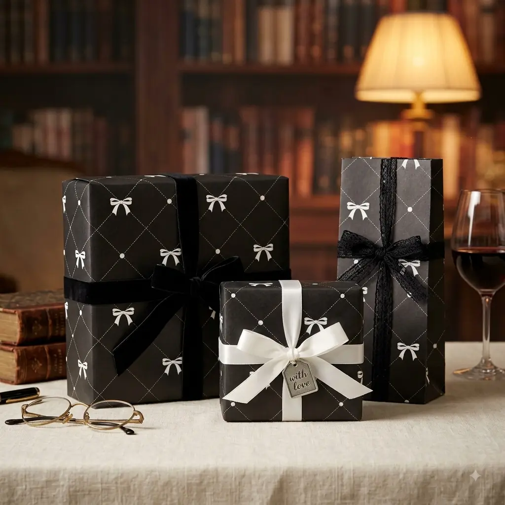 Black Quilted Lattice White Ribbon Bow Pearl Gift Wrapping Paper Sheet - Coquette Aesthetic Pearl Wrap for Birthday Anniversary Valentines Day
