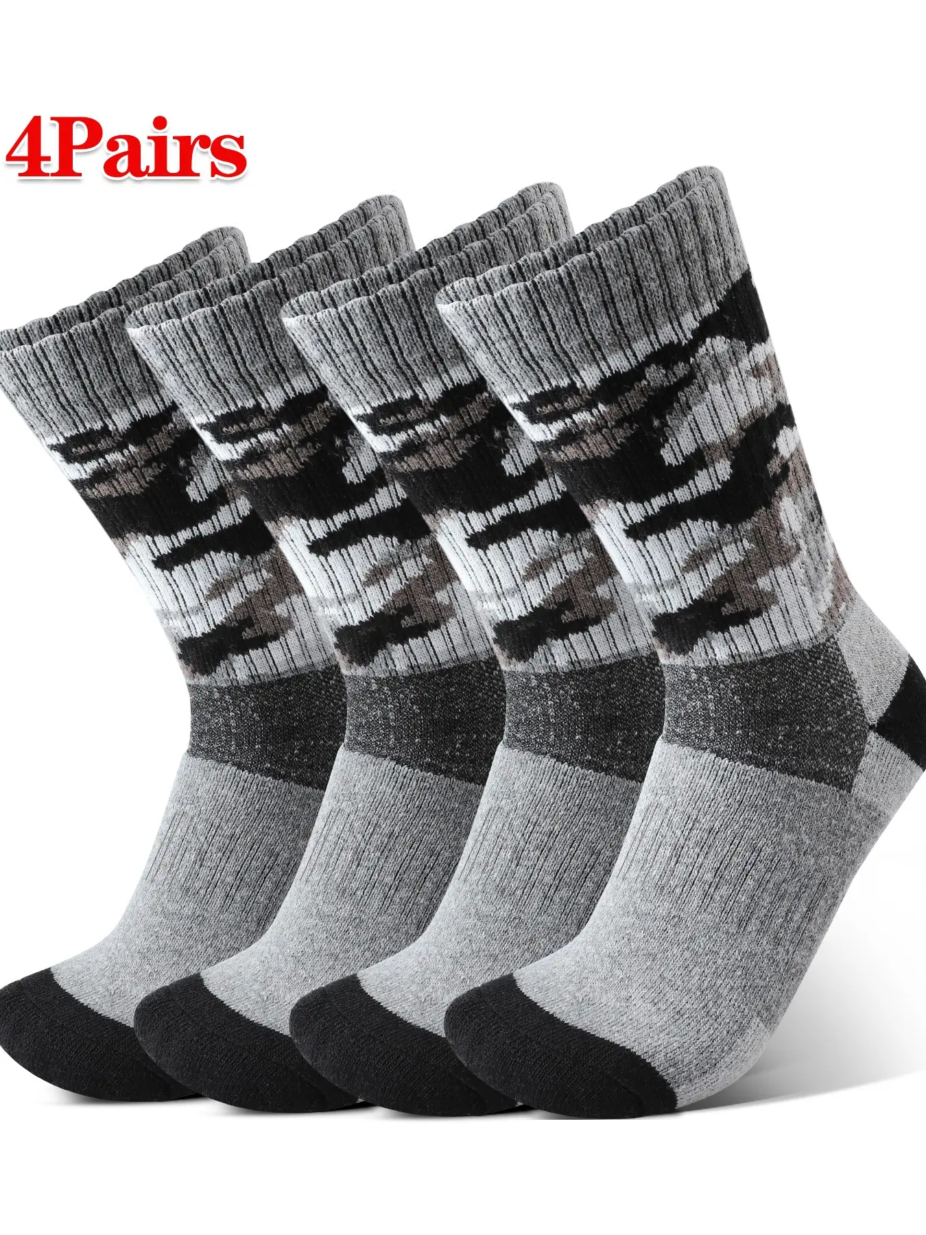 4 Pairs Camouflage Pattern Warm Outdoor Socks for Men, Durable Non-Slip Work Socks, Fall & Winter Casual Crew Socks