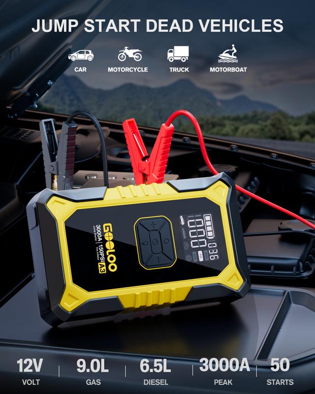 GOOLOO A3 YELLOW Jump Starter with Air Compressor, 3000A Portable Car Battery Booster (9.0 Gas/6.5L Diesel) with 150PSI Auto-Shutoff Tire Inflator