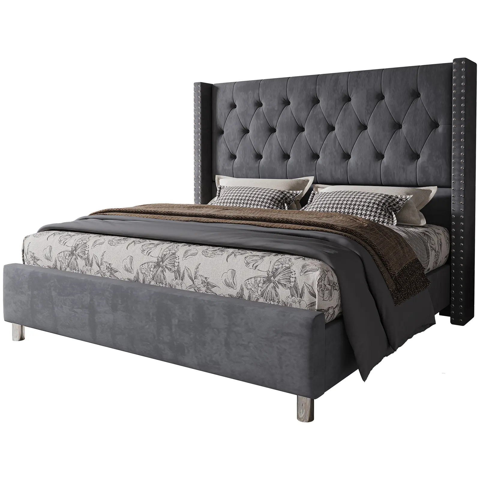[Summerwins]VanAcc Upholstered Bed Frame with 49.2" Tall Headboard, Modern Wingback Platform Bed, Low Profile Velvet Tufted Button, No Box Spring Needed
