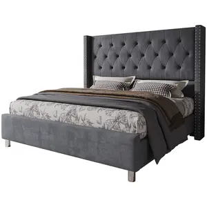 [MothersDayGift]VanAcc Upholstered Bed Frame with 49.2" Tall Headboard, Modern Wingback Platform Bed, Low Profile Velvet Tufted Button, No Box Spring Needed