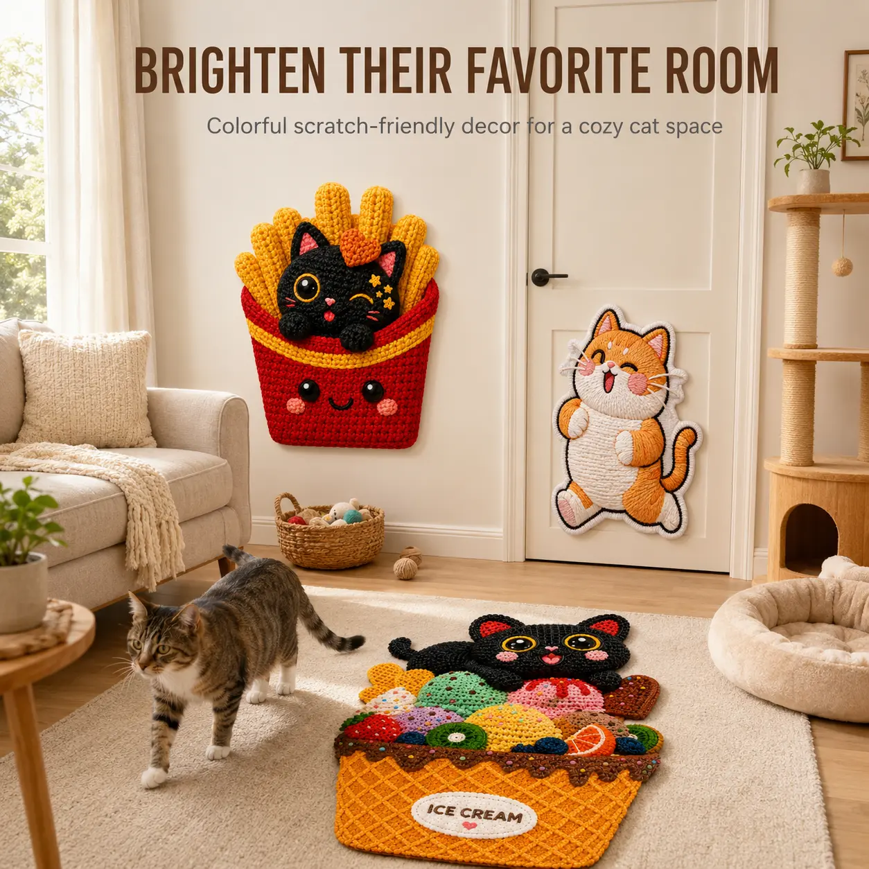 OmniPets Cat Scratcher Self Adhesive 5D Printed Felt Wall Mounted Vertical Cat Scratching Pad Furniture Protector with Bonus Bee Toy for Indoor Cats