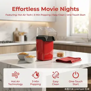 Popcorn maker, household popcorn machine (1200W), kitchen appliance that heats within 1 minute without needing butter; perfect for family gatherings, birthday parties, and kitchen decor; when watching movies, popcorn is the top choice.