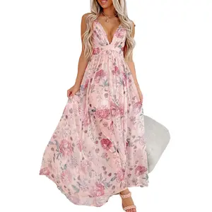 Women's Pink Floral Pleated Bust Backless Maxi Dress with Empire Waist