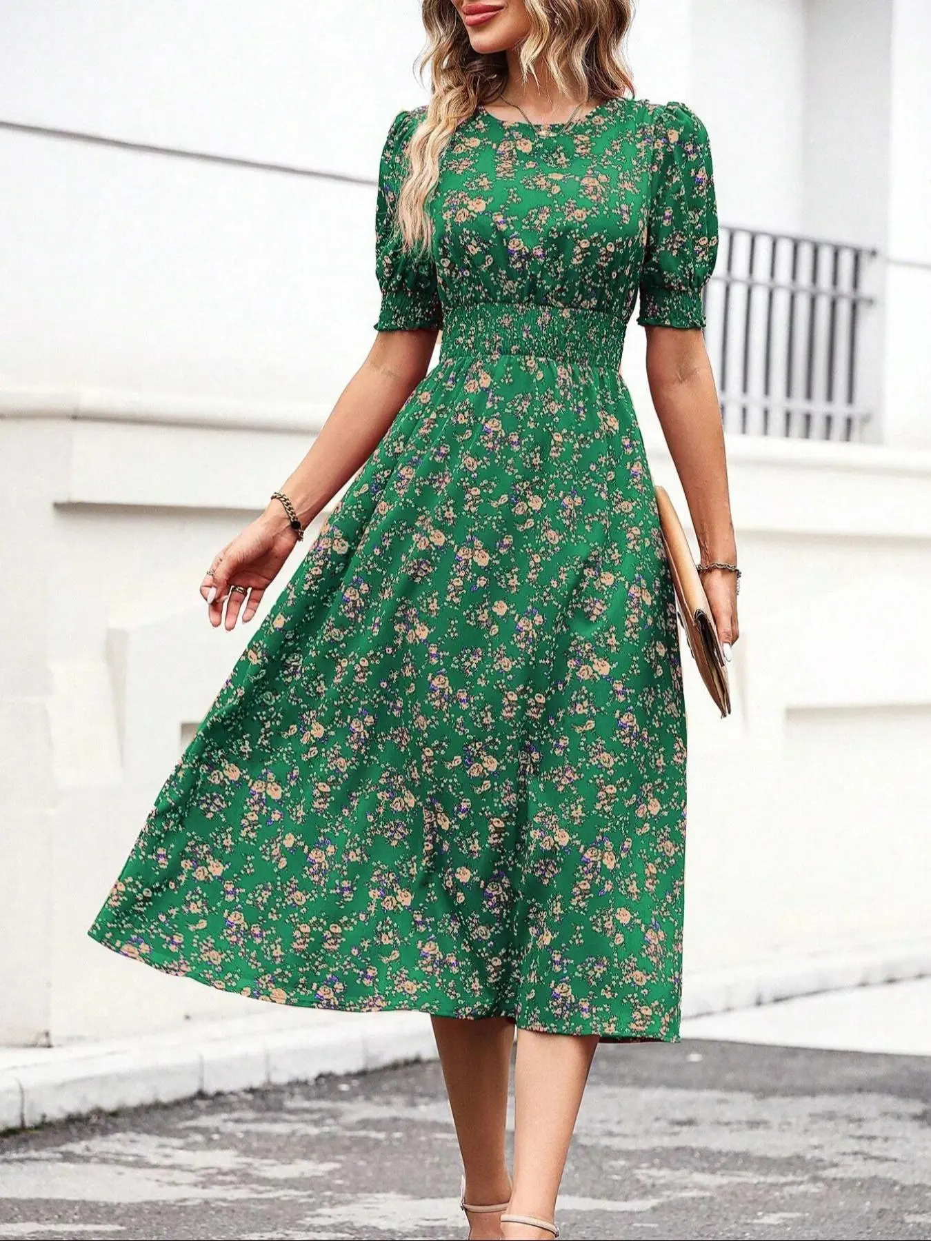 Women's Floral Print Bubble Hem Dress, Round Neck Waist Cinched Design, Boho Style Midi Skirt, Fitted Short Sleeve, All Seasons, Chic - TikTok Shop Women's Floral Print Bubble Hem Dress, Round Neck Waist Cinched Design, Boho Style Midi Skirt, Fitted Short Sleeve, All Seasons, Chic - TikTok Shop