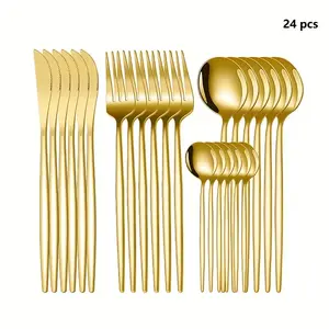 24/4 pice stainless steel Golden cutlery suit-mirror polished large wedding tableware, dishwasher for easy cleaning and durable tableware, vintage style exquisite design-perfect gift for wedding housewarming