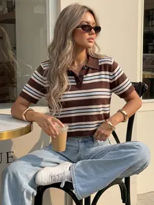 Elegant Women's Spring Summer Fashion Casual Button Up Home Office Commute Basic Simple Fitted Knit Striped Collar Button Half Open Shirt Short Sleeve Pullover