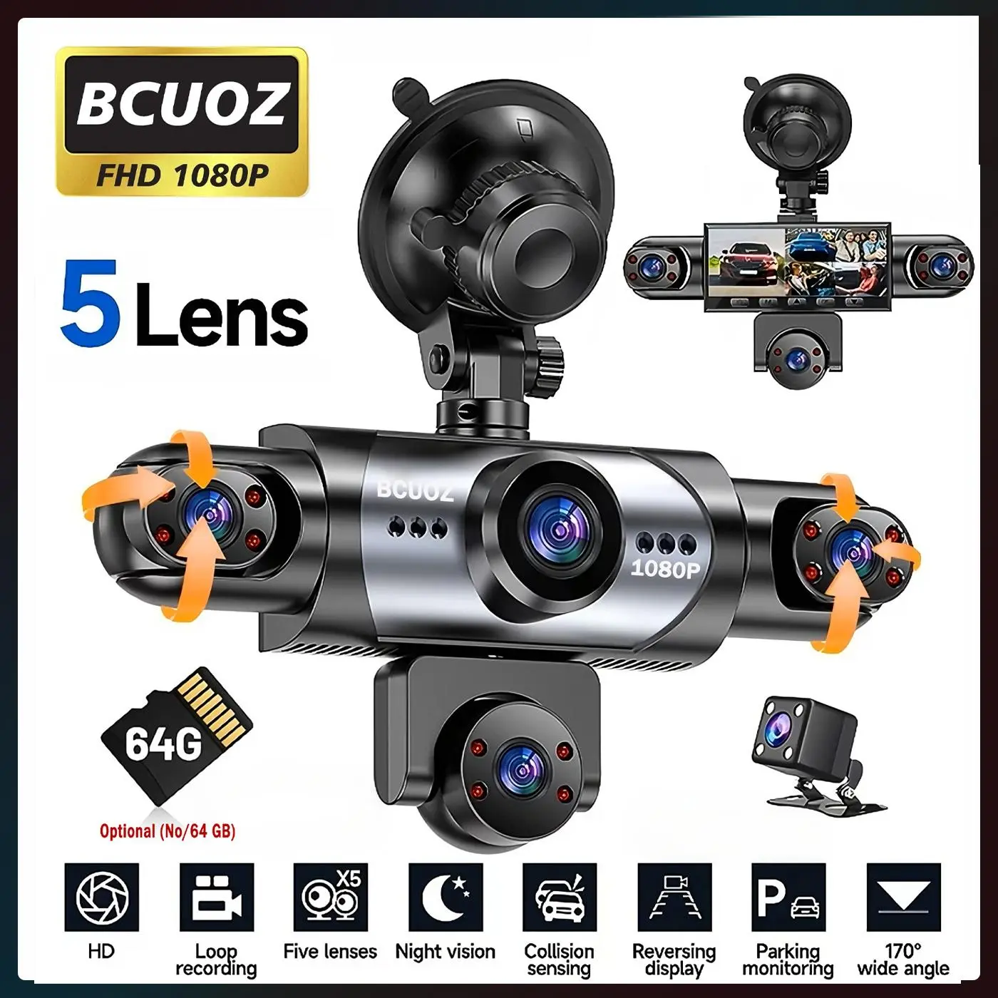 5-Channel 360° View Car DVR Camera, Interior Dashcam with Front, Rear, Left & Right Lenses, Loop Recording, G-Sensor, Reversing Display for Driving Safety