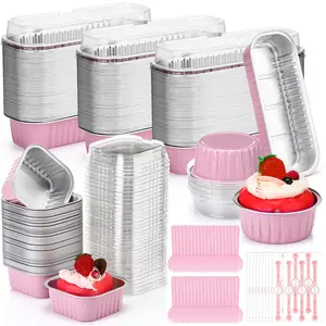 150 Pcs Mini Loaf Pans with Lids Disposable Ramekins 6.8 oz 5 oz Aluminum Foil Cake Baking Cups Round Rectangle Square Cupcake Sealing Sticker and Spoons for Flan Muffin Dessert Party Favors