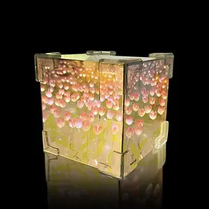 DIY Tulips Cube Mirror Lamp Tulip Night Light Decor Handmade DIY Tulip Flower Magic Light Bedroom Living Room Desktop Table Decor Lamp Birthday Gift for Mom Girl Women Friend wooden violet