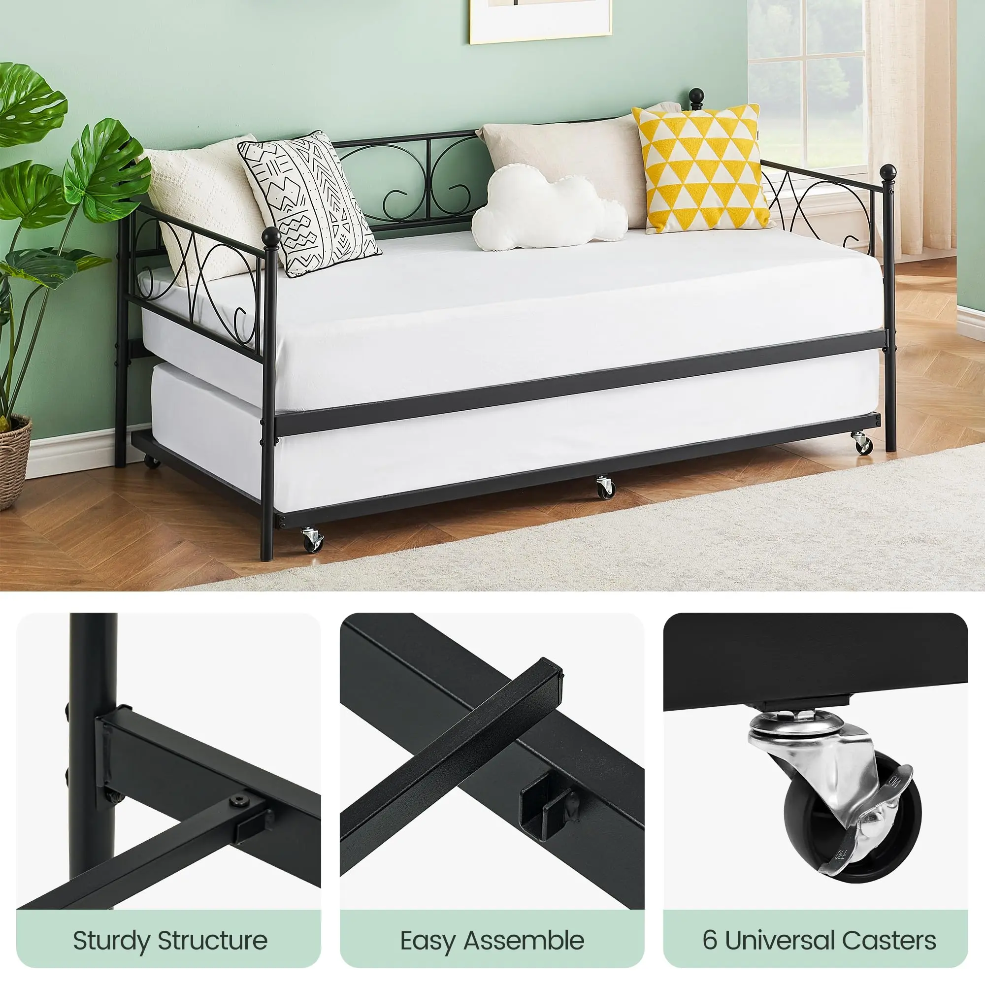 Garvee Twin Daybed with Trundle, Metal Frame with Floral Iron Headboard, Available in Black or White, Space-Saving Design with Heavy Duty Steel Slats, Suitable for Bedroom, Living Room, or Guest Room