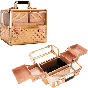 Ver Beauty Armored Acrylic Cosmetic Case Organizer Train Makeup Case with 4 Extendable Trays and Bottom Compartment Key and Lock