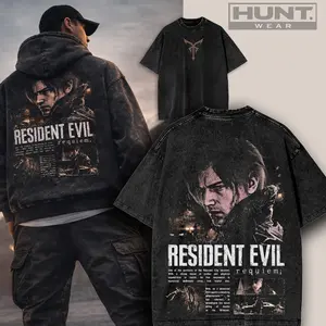 Resident Evil Leon Kennedy Requiem Vintage Wash Hoodie, Raccoon City Survivor Graphic T-Shirt, Biohazard 4 Remake Streetwear, Acid Wash Mineral Oversized Sweatshirt, DSO Agent Aesthetic, Gamer Fan Gift, Unisex Cotton Apparel