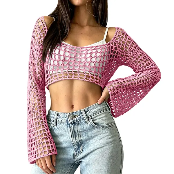Women's Open Knit Crop Top, Long Sleeve Hollow Out Mesh Pullover, Sexy Y2K Beach Cover-Up and Casual Streetwear Sweater Womenswear Blouse Short