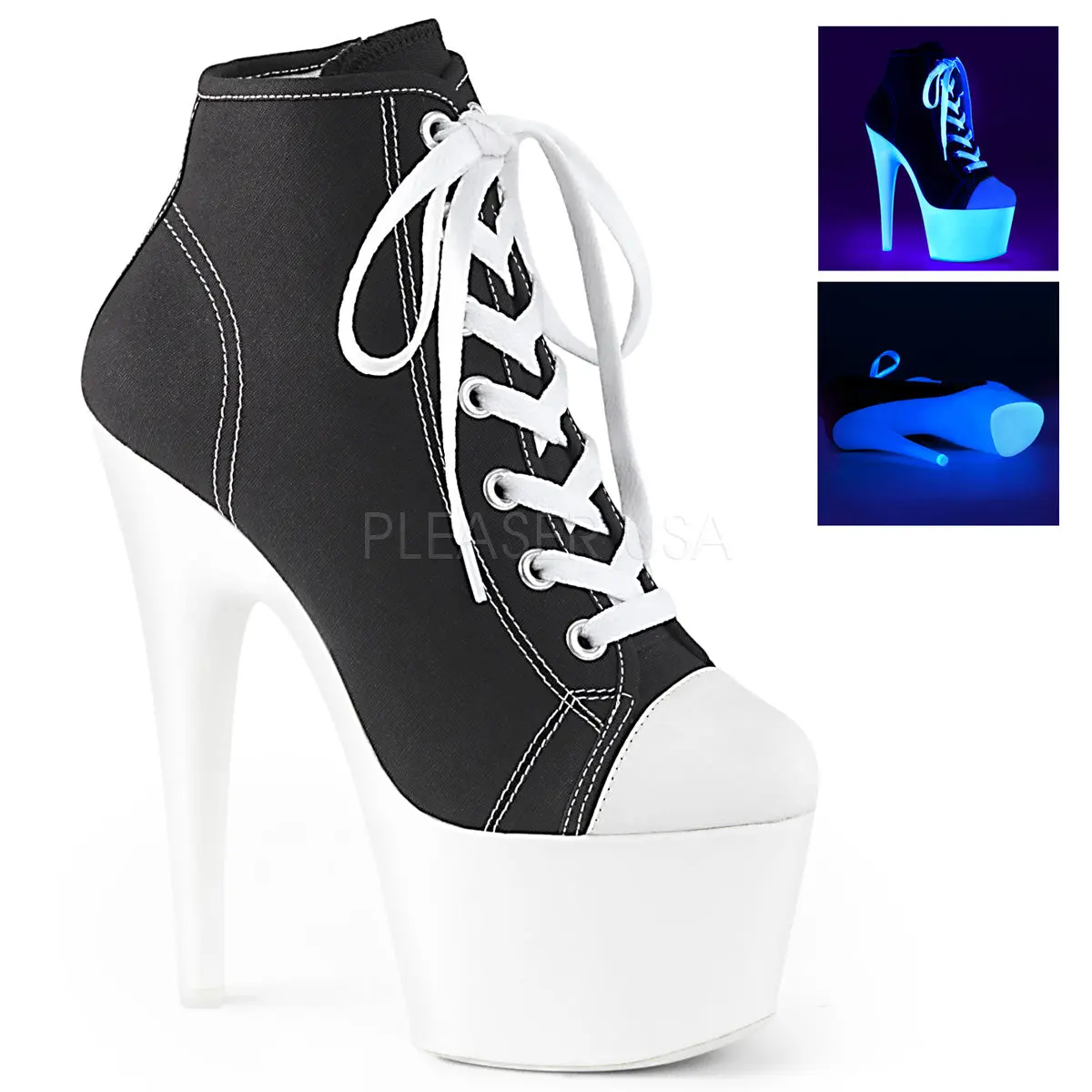 Women's Black Canvas Platform Shoes, Lace-Up Sneaker Boots with 7" Heel, Inside Zipper & Blacklight Reactive Platform