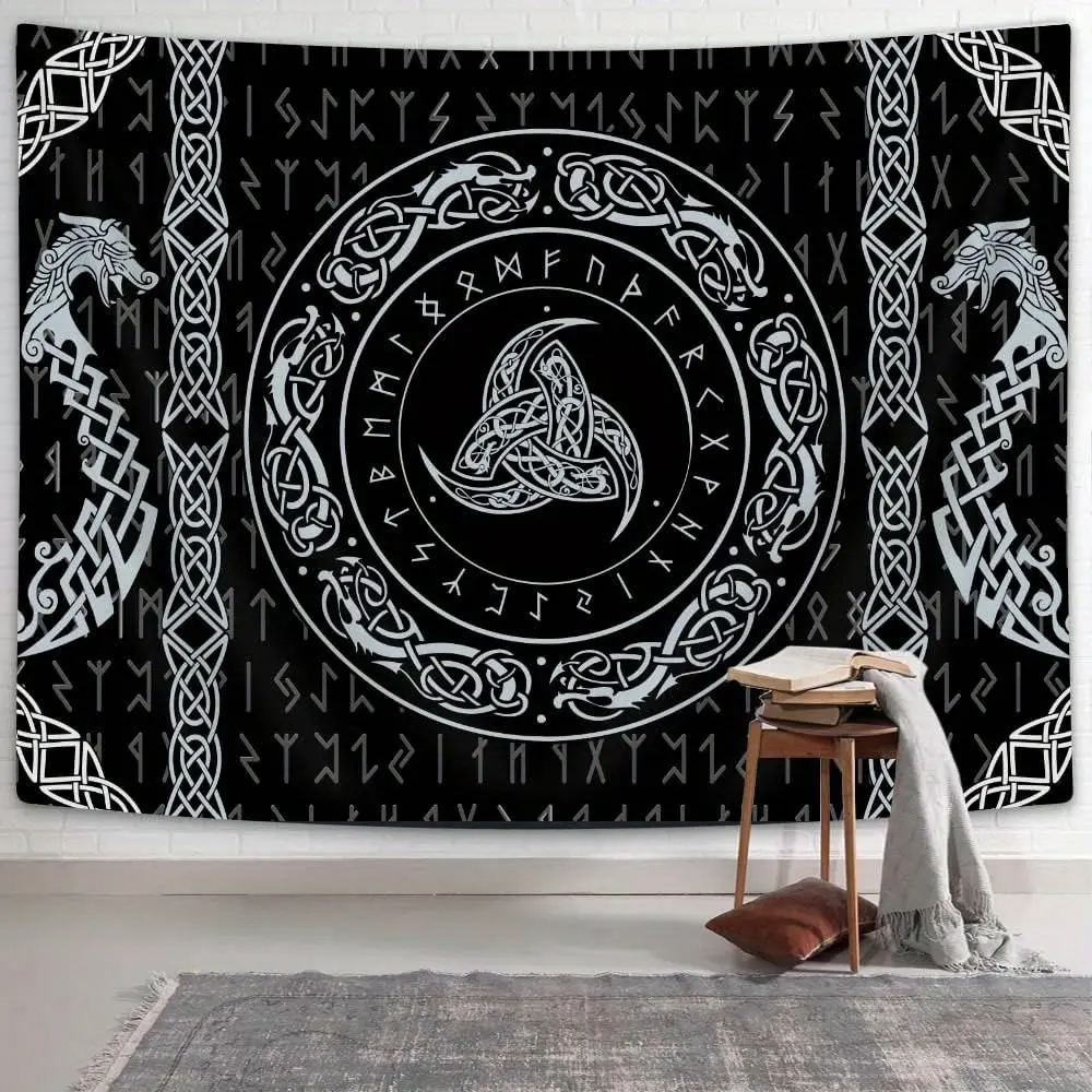 Nordic Mythology Wall Tapestry - Black and White Indoor Decor with Runes, Dragon Totems, Raven Motifs, Viking Shield, World Tree Rune Scepter Patterns, Horizontal Version for Living Room, Bedroom, Indoors