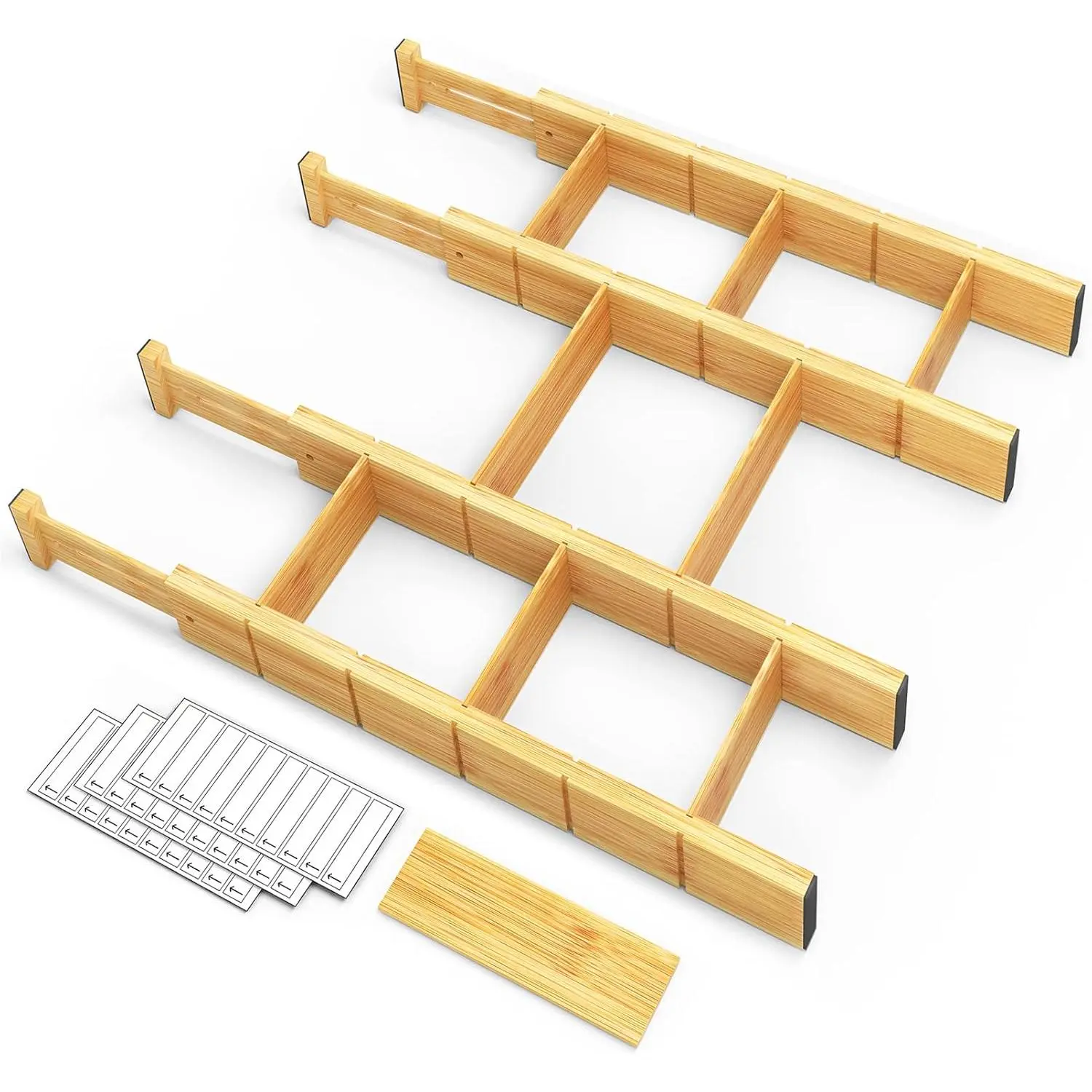 Synthetic Spring-Loaded Drawer Dividers Set - 4 Durable Rubber 0.6" Thick Adjustable 17"-22" Organizers with Inserts, Label Stickers for Home Office Organizing Drawers, Expandable, Protect Drawers