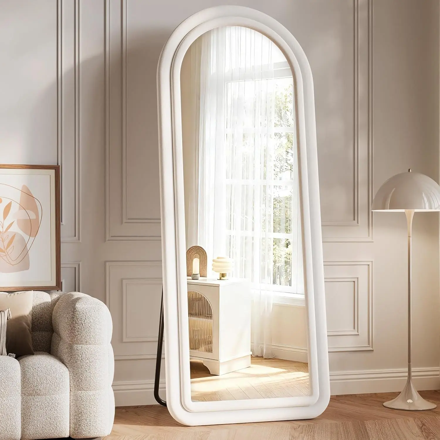 Flannel Full Length Mirror 63"x24", Arched Mirrors Full Length with Stand, Flannel Floor Mirror for Bedroom and Living Room, Full  Mirror  or Leaning, White