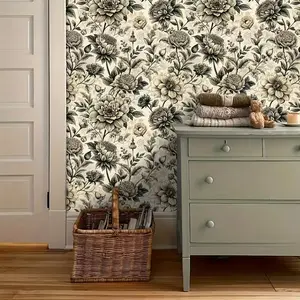 1 Roll Vintage Floral Texture Self-Adhesive Wallpaper, French Black and White Floral Pattern - Waterproof, Removable without Marks, Peel and Paste Contact Paper, Suitable for Home Decoration and Furniture Renovation - Living Room, Bedroom, Kitchen, Booksh