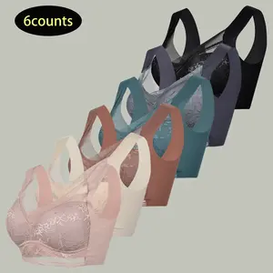 [6counts]Women's Plain Contrast Lace BraSoft Breathable Push Up Bra for Summer Wear,Lady Minimalist Basic Lingerie Top pushbra SuitsWomenswear Seamless Wireless Elegant Casua Multicolor