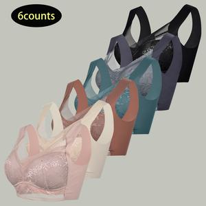 [6counts]Women's Plain Contrast Lace BraSoft Breathable Push Up Bra for Summer Wear,Lady Minimalist Basic Lingerie Top pushbra SuitsWomenswear Seamless Wireless Elegant Casua Multicolor summerwins