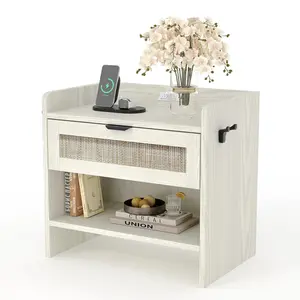 Boho Rattan bedside table with Type-C Charging Port – 1 Drawer & Open Shelf – Large Bedside Table for Bedroom or Office – End Table with Storage, Walnut