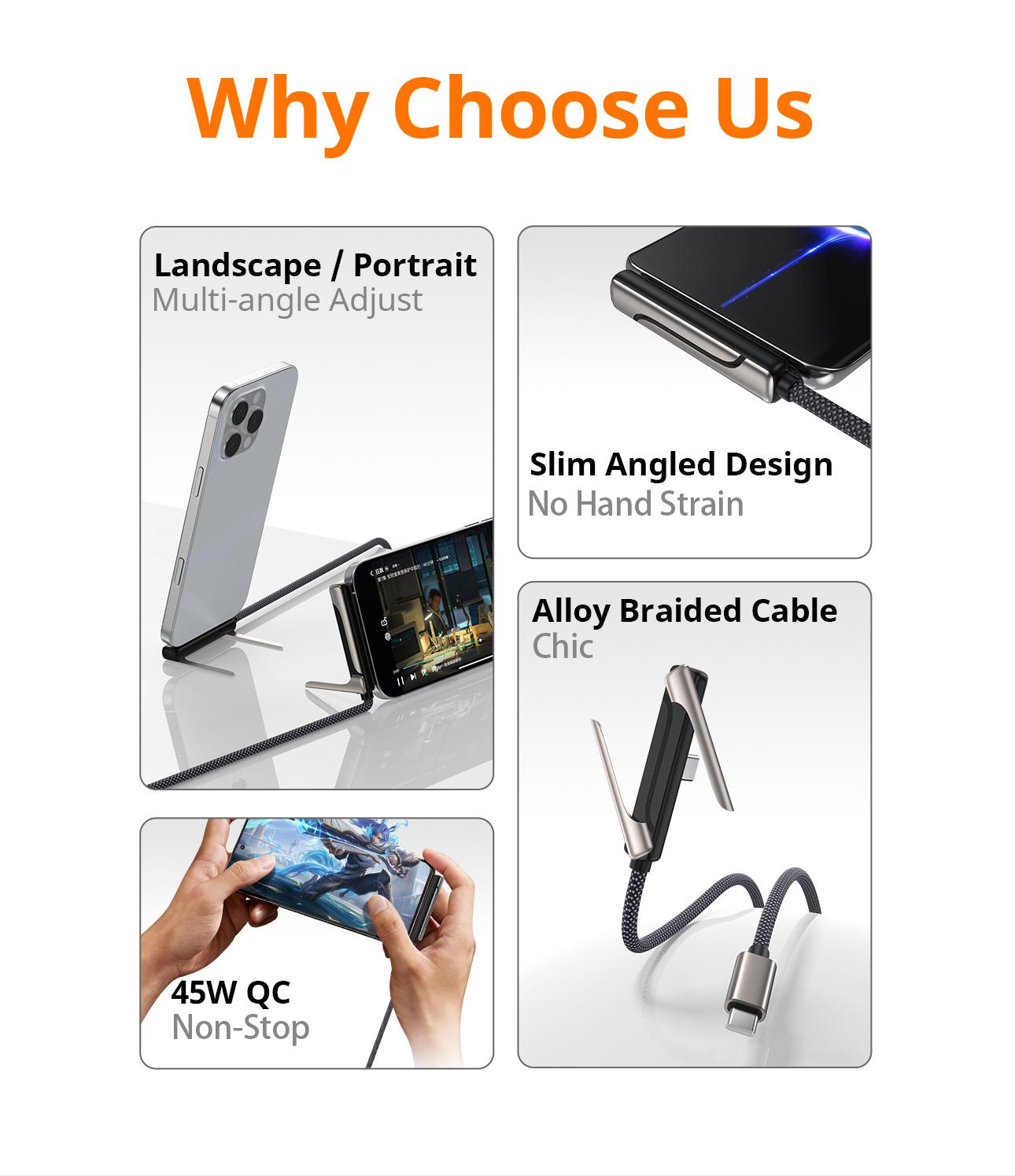 6.6 ft invisible charging cable with hidden stand, compatible with iPhone 15/16/17. Combines charging cable and phone stand into one, supports 45W super fast charging, ideal for gaming, work, and car travel; Samsung Type‑C fast charging cable, black, 3.3