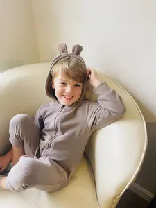 L.W. Clothing Company Cotton Baby & Toddler One-Piece Suit with Hood, Zip Closure, and Ear Details for Newborn Baby Boy and Girl neutral Organic Winter Bodysuit Solid Color Bodysuit baby items babyessentials