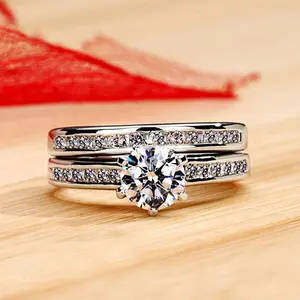 Platinum Plated 6-Prong CZ Engagement Ring Set for Couples | Bridal Wedding Stackable Band