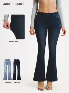JORGE CARLI  Women's Fitted Low Waist Jean Flare Pants, Stretchy Elastic Comfort, Pockets, Fringe Hem, Casual Fashion, All Seasons