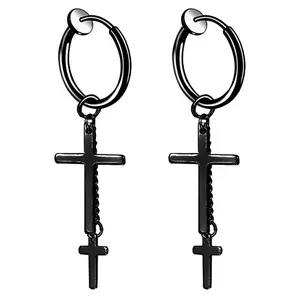 OIDEA Hip Hop Tassel Chain Double Cross Dangle Clip On Hoop Earrings for Men Women, Stainless Steel Non-Piercing Long Cross Earrings