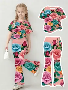 Girls Big Kids Summer Printed Crew Neck Drop Shoulder T Shirt Flared Pants Soft Light Two Piece Set Summer Clothing Set