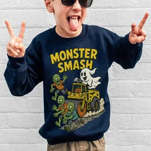 Monster Smash Boys Halloween Youth Sweatshirt, Kids Halloween Construction Sweater for Boys, Youth Heavy Blend Hooded Sweatshirt