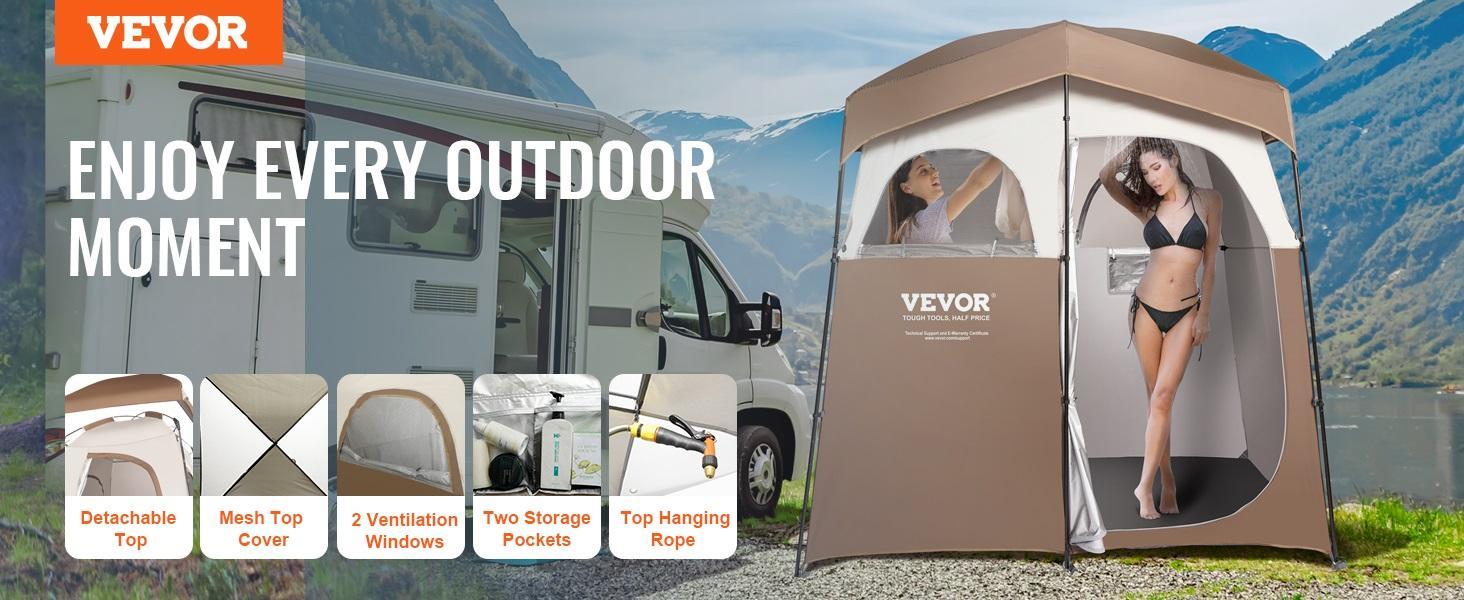 VEVOR Camping Shower Tent, TikTokShopBlackFriday, 83" x 42" x 83" 2 Rooms Oversize Outdoor Portable Shelter, Privacy Tent with Detachable Top, Pockets, Hanging Rope and Clothesline, for Dressing, Changing, Toilet, Bathroom