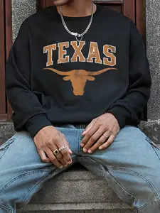 Men's Cotton Blend Crewneck Sweatshirt, Casual Daily Wear, Texas Theme, Retro Style, Relaxed Fit, with Texas Text, Longhorn Bull Print