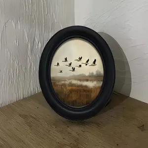 Vintage Oval Wooden Picture Frame with 18th Century Crane Pattern, Hand-Printed Image, Wall Decor for Living Room Bedroom Kitchen