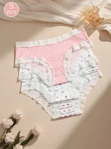 Newly refreshed &3-Pack Y2K Cute Milk Silk Briefs Intimates Panties | Heart Print Lace Trim Knickers, Soft Breathable Fabric, Seamless Full Coverage, Sweet Princess Style, Daily & Everyday & Dating Wear, S-2XL