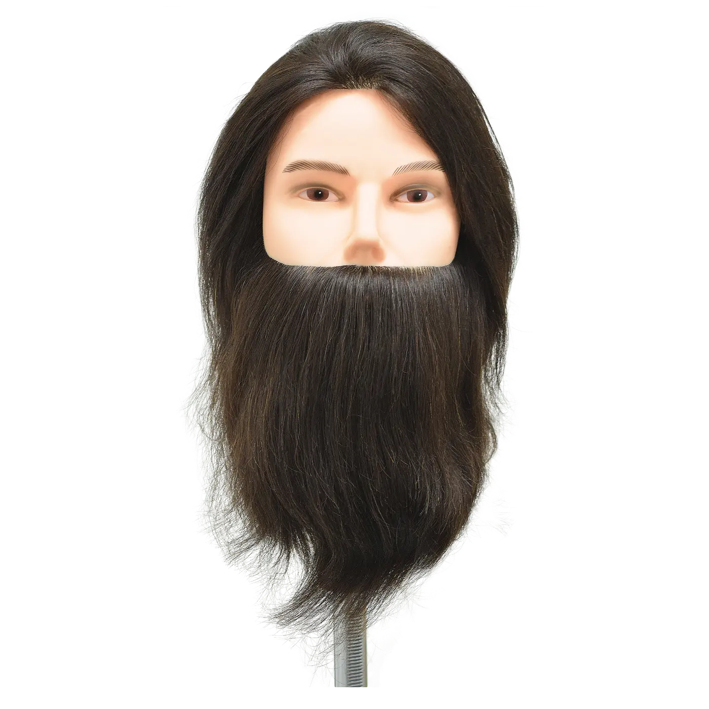 Mannequin Head for Men - 20-in 100% Human Hair, Extra Thick Brown Hair, Long Beard, Sturdy Base, Level 2 for Barber Training & Styling Practice, Male, 20 Inches, Barbering