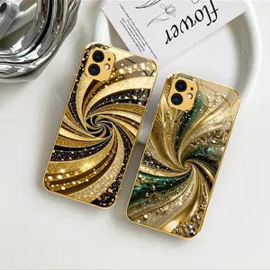Luxury Gold-Plated Edge Case Liquid Swirl Glitter Glass Cover for iPhone 11 ---975