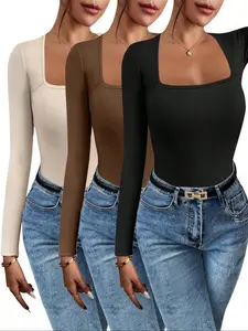 Women's Fashion New Autumn Winter Square Neck Tight-Fitting Fitted Warm Shoulder Long Sleeve Knitwear Knit T-Shirt Top, Casual Style, Perfect for Cold Weather, Womenswear