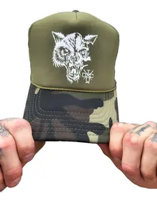 TheDriveClothing Lone Wolf Head Foam Curved Bill Green Camo Hat – Snapback Trucker Cap, White Print, 5 Panel High Crown Mesh Back Hat, One Size Fits Most Streetwear Headwear