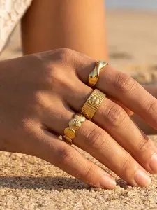 Stainless Steel Open Ring Set, 3 Pcs Minimalist Wave, Thread, Shell Stack Rings, Women's Jewelry, Elegant Accessories