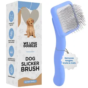 We Love Doodles Dog Slicker Brush for Grooming Pet Hair - Best Brushes For Poodle & Golden Doodle - Long Haired Brush For Dogs - Goldendoodle Long Pin Brush For Dematting (Extra Small)