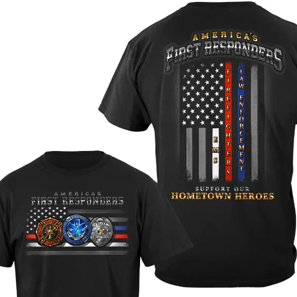 Men's First Responder Crew Neck T-Shirt - Casual Short Sleeve Cute Premium Cotton Top with Thin Red Blue Lines, Patriotic Normal Type Streetwear, All Seasons Black Menswear, Black Short Sleeve T-Shirt, Thin Lines