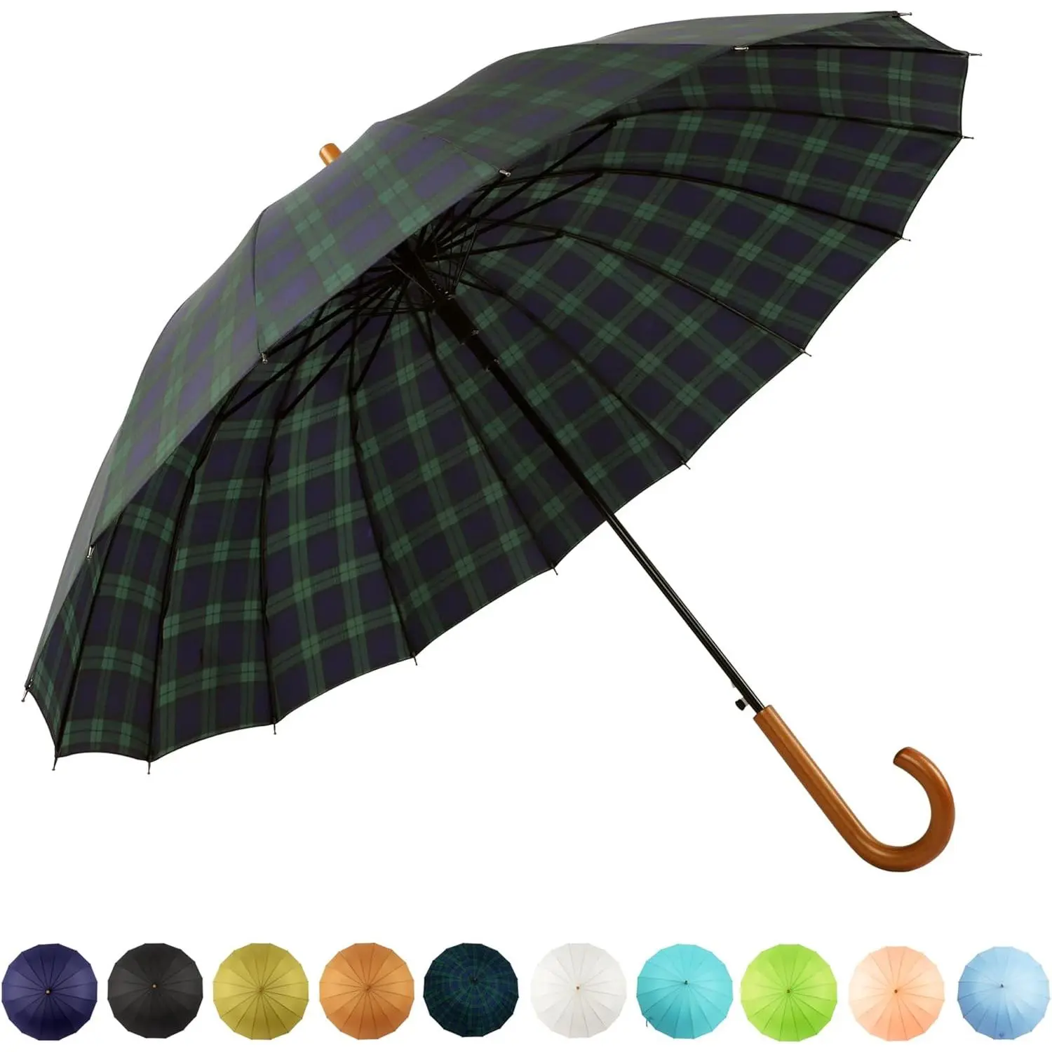 48in 16-Rib Auto Open Solid Color Fashionable Glass Fiber Stick Umbrella, Windproof Unbreakable, Classic Wooden J-Handle Design, 190T Pongee Fabric