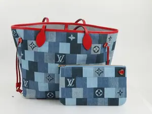 Pre-owned Louis Vuitton Denim Tote Bags NEVERFULL DAMIER MM PATCHWORK