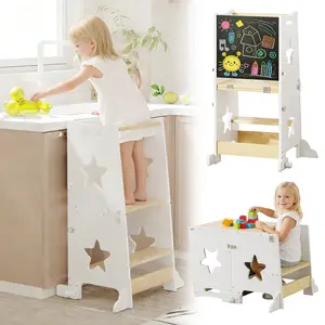 MDF Wood 3-in-1 Toddler Kitchen Step Stool Helper, Foldable Learning Standing Tower with Blackboard, Star Cutout, Triangular Base, 17.7x15.8x34in Gift for 1-3 Year Old Kids