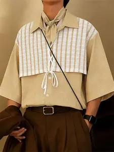 INCERUN Men Shirt Printing Patchwork Lapel Half Sleeve Loose Men Clothing Streetwear Lace Up Fashion Casual Tops Male Shirts Workwear Short Sleeve