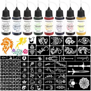 Temporary Tattoo Kit 8 Bottles Color Temporary DIY Tattoo Ink,105 Pcs Stencils Kit for Body Paint Fake Tattoos for Kids&Women (Black,Red,Green,Blue,Yellow,Purple,Brown,Orange) Water Proof Cosmetic