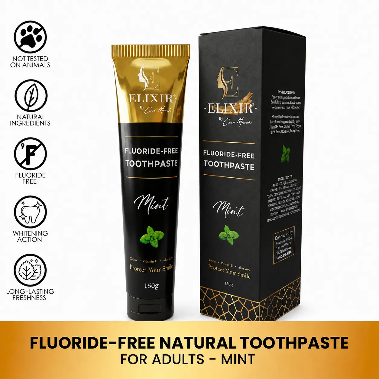 Elixir by Cocó March Fluoride Free Natural Toothpaste for Adults, Fresh Mint Flavor, Fresh Breath, Clean Teeth and Healthy Gums, 150g Oral Aloe Gentle